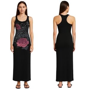 BONGO Maxi Dress Womens Small Black Pink Floral Script Rhinestone Y2K Bling NEW